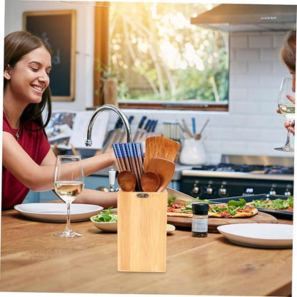 STOBAZA Bamboo Utensil Organizer for Kitchen Drawers Outdoor Camping Cutlery Storage Box Drain Holder Multi-Function Silverware Storage Case for Home and Travel