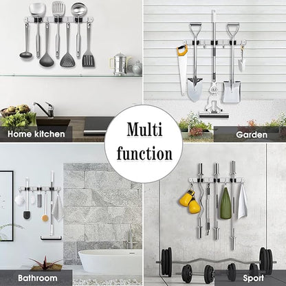 3 Racks and 4 Hooks Broom and Mop Holder Wall Mounted Garage Organizer Storage Tool Racks Stainless Steel Heavy Duty Hooks Self Adhesive Solid Non-slip Wall Hangers for Home Kitchen Garden Laundry