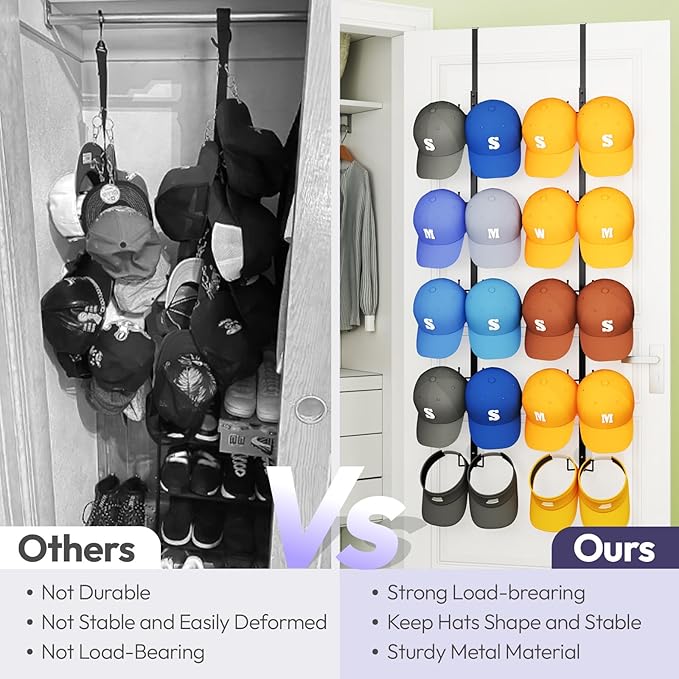 SWTYMIKI Over Door Hat Organizer - 2 Packs Metal Wall Mounted Hat Rack with 5-Tier Dual Hooks Design, Hanging Baseball Cap Organizer Storage Holds up to 40 Caps for Door, Bedroom, Closet