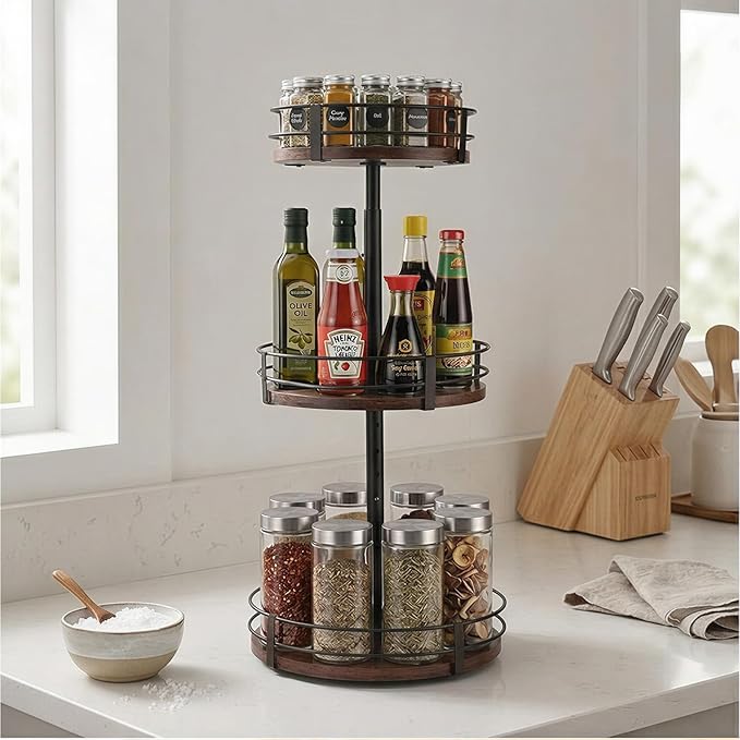 3-Tier Adjustable Lazy Susan Spice Rack Organizer, 360° Rotating Countertop Turntable with Wooden Shelves, Metal Frame & Silicone Drip Tray for Kitchen, Bathroom & Office