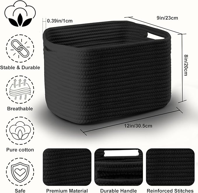 4 Pack Storage Baskets for Organizing, 12''Lx9''Wx8''H Woven Baskets for Storage Toys, Towels, Books, and Clothes, Cotton Rope Basket for Shelves with Handle White & Brown