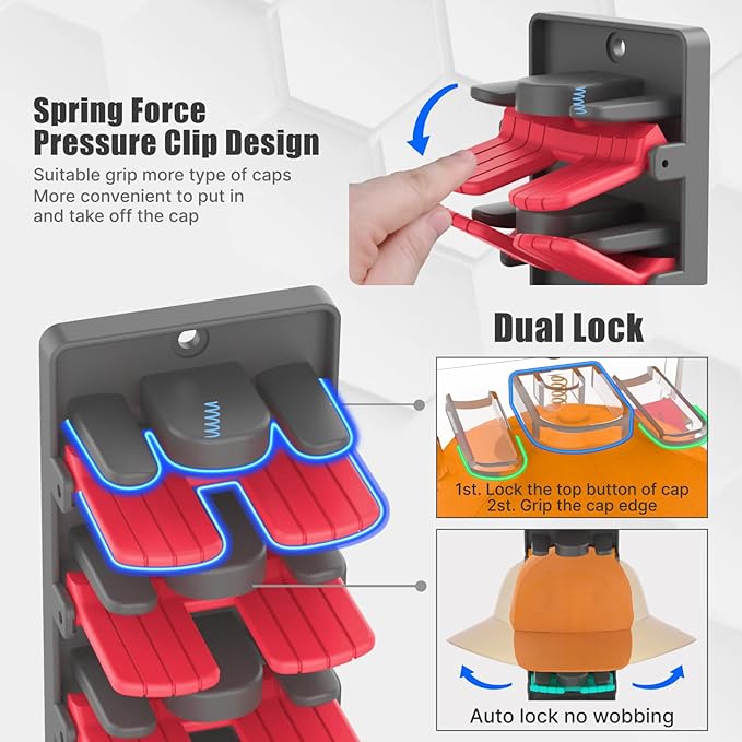 Hat Organizer for Baseball Caps 2 Packs with Built Spring Clips - Wall Mount Closet Hat Rack Holder, Storage for Wall Door/Closet Display Hat Racks Hanger (Install by Adhesive & Screws)