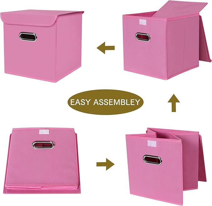 Fabric Storage Cube Bins with Lids Closet Organizers collapsible storage bins basket with Handles for Home,Storage Boxes for Organizing,3 Pack,(Pink)