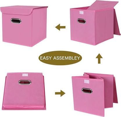 Fabric Storage Cube Bins with Lids Closet Organizers collapsible storage bins basket with Handles for Home,Storage Boxes for Organizing,3 Pack,(Pink)