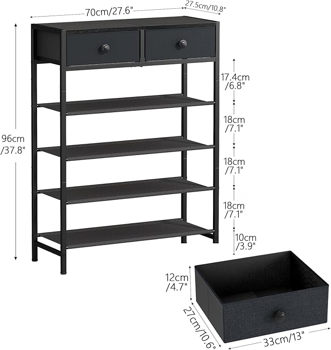 Shoe Rack, 5 Tier Shoe Organizer with 2 Drawers, Metal Shoe Storage for 16-20 Pairs of Shoes with Fabric Shelves and Wooden Top, Narrow Shoe Shelf for Closet Entryway Black Grey