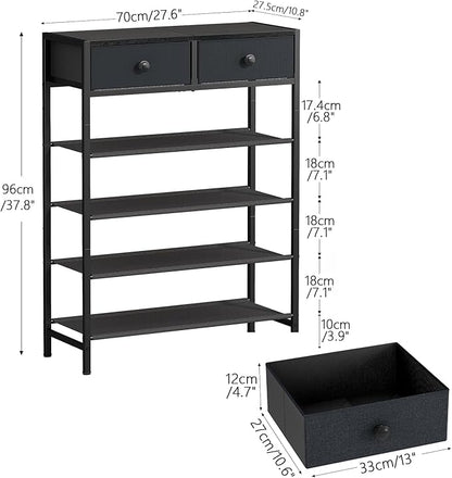 Shoe Rack, 5 Tier Shoe Organizer with 2 Drawers, Metal Shoe Storage for 16-20 Pairs of Shoes with Fabric Shelves and Wooden Top, Narrow Shoe Shelf for Closet Entryway Black Grey