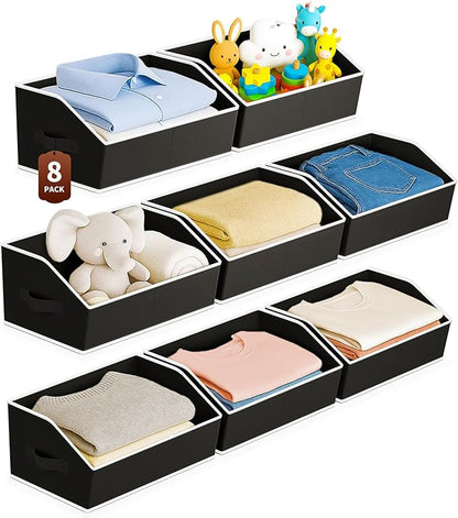 Homsorout Large Closet Organizers and Storage Bins - 8 Pack Trapezoid Storage Baskets for Shelves, Foldable Fabric Baskets with Handles Ideal for Closet, Basket, Wardrobe and Shelf Storage, Black