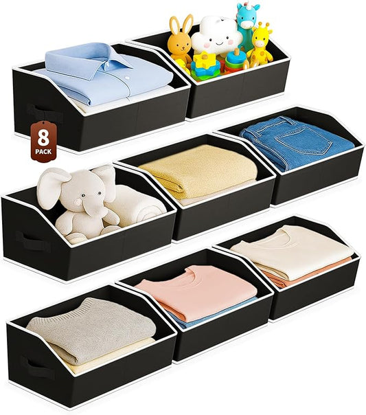 Homsorout Large Closet Organizers and Storage Bins - 8 Pack Trapezoid Storage Baskets for Shelves, Foldable Fabric Baskets with Handles Ideal for Closet, Basket, Wardrobe and Shelf Storage, Black