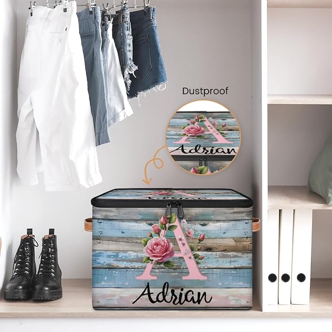 Custom Initials Wood Flower Storage Bins with Lid, Foldable Personalized Storage Basket Boxes with Handle Shelf Basket Closet Organizer Cube