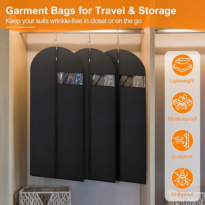 Garment Bags for Travel & Hanging Clothes, 55" Suit Bag for Closet Storage, Lightweight Dress Bags for Gowns Long, Dustproof Garment Covers with Clear Window & Reinforced Zipper, Black (1 Pack)