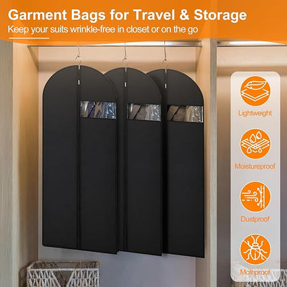 Garment Bags for Travel & Hanging Clothes, 55" Suit Bag for Closet Storage, Lightweight Dress Bags for Gowns Long, Dustproof Garment Covers with Clear Window & Reinforced Zipper, Black (1 Pack)