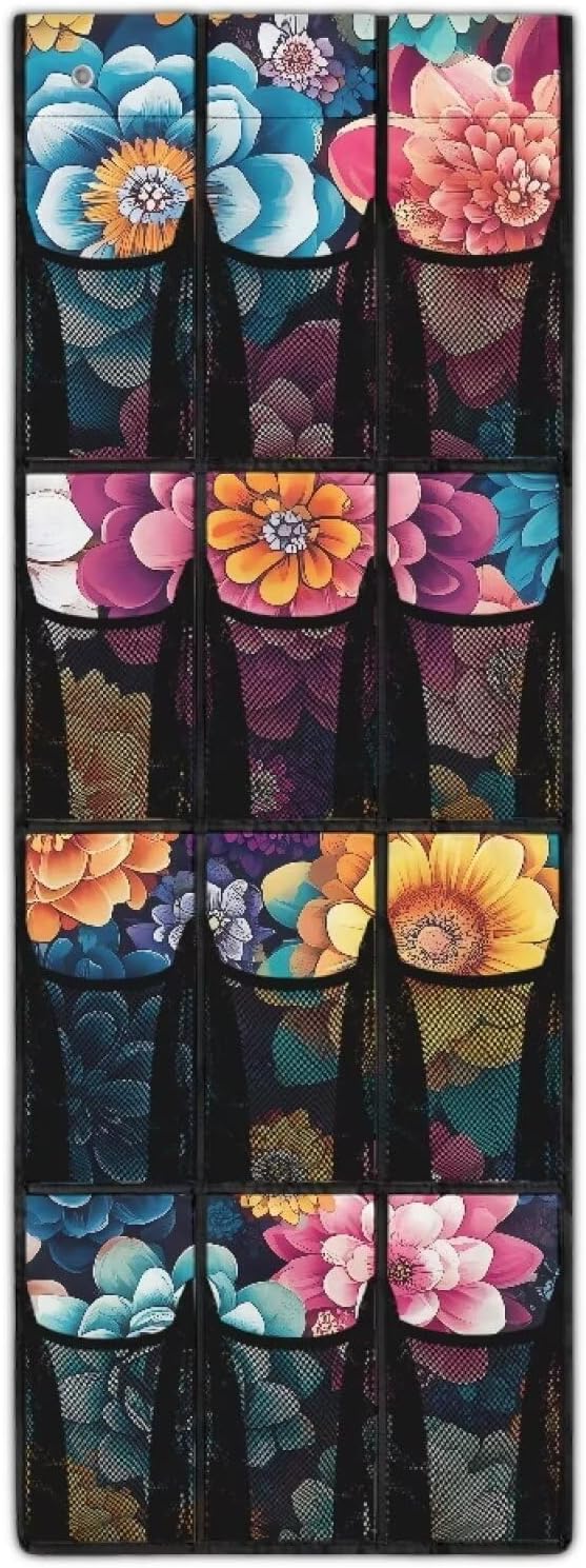 Bohemian Over the Door Organizer with 12 Mesh Pockets - Breathable Design for Bath Towels, Toiletries, Makeup (Waterproof Lining)