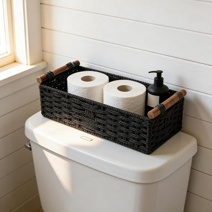 Black Woven Bathroom Basket with Wood Handles — Toilet Paper Storage Organizer for Back of Toilet, Paper Rope Wicker Basket, Boho Bathroom Decor Tray for Countertop or Tank Top