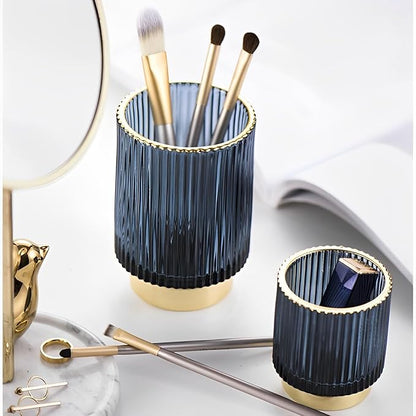 Makeup Brush Holder Organizer, Heavy Crystal Glass Brush Storage Holder, Vintage Cosmetic Make Up Bathroom Brushes Cup Pen Pencil Toothbrush Holder Striped Vase (S+L (blue))