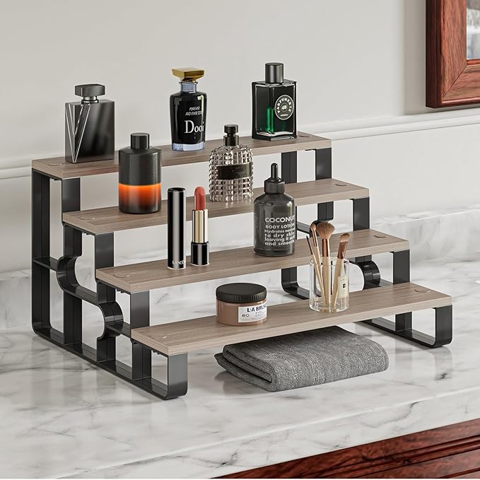 4 Tier Perfume Organizer for Men,Wooden Makeup Organizer,Cologne Stand for Men,Bathroom Organizers and Storage for Vanity,Display Shelf(Walnut-Width=11.2")
