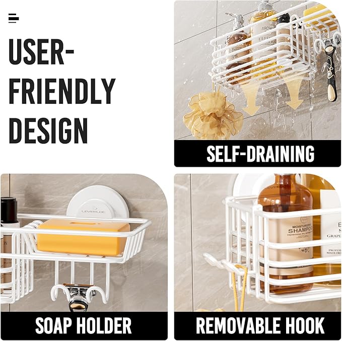 LEVERLOC Shower Caddy Suction Cup, Heavy Duty Bathroom Organizer for Inside Shower with Hooks & Soap Holder, NO-Drilling Bathroom Shelves-White