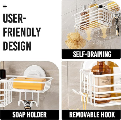 LEVERLOC Shower Caddy Suction Cup, Heavy Duty Bathroom Organizer for Inside Shower with Hooks & Soap Holder, NO-Drilling Bathroom Shelves-White
