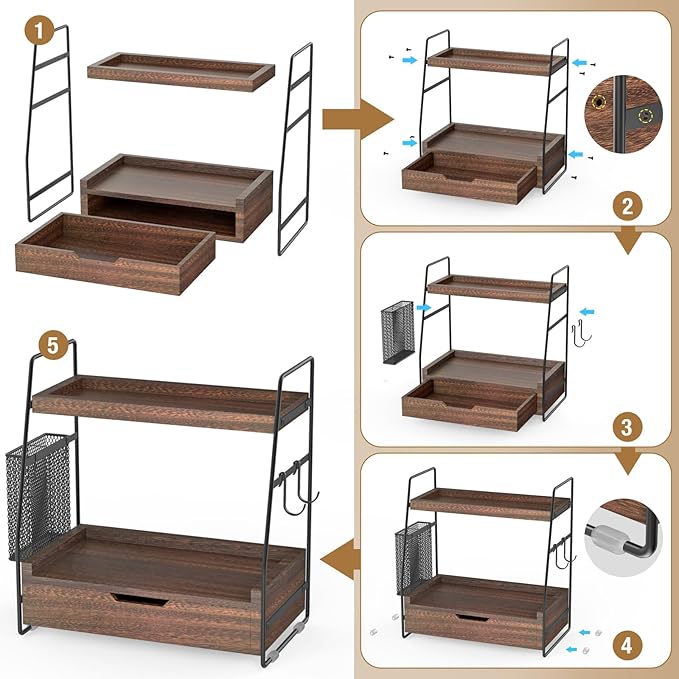 2-Tier Bathroom Counter Organizer with Drawer & Removable Basket, Wood & Metal Vanity Organizer for Skincare, Makeup, Perfume, Toiletries, Small Bathroom Counter Shelf, 13'' Rustic