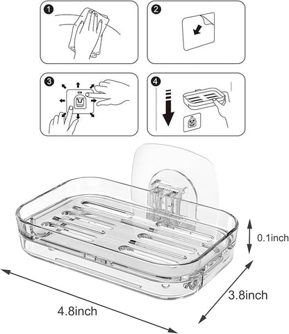 Soap Dish for Shower Wall Mounted, Soap Bar Holder Self Draining, Strong Adhesive Mount Soap Saver Sponge Holder for Bathroom Bathtub Kitchen Sink, Clear