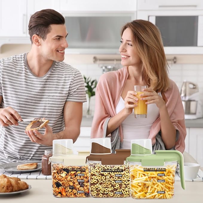 Cereal Containers Storage Airtight Food Storage Containers with Lids Plastic Small Cereal Dispenser with Pour Spout, Pantry Organization and Canister for Rice, Dry Food , Sugar & Flour, 0.8L 3 Pack