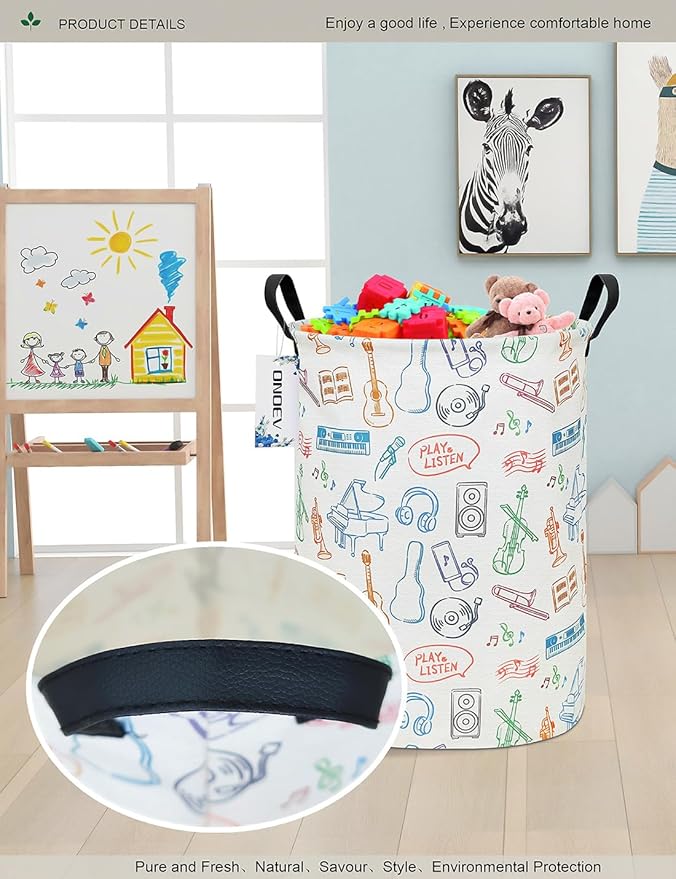 Round Waterproof Laundry Basket,Gift Basket,Suitable for Children's Room and Toy Storage(Musical instrument)