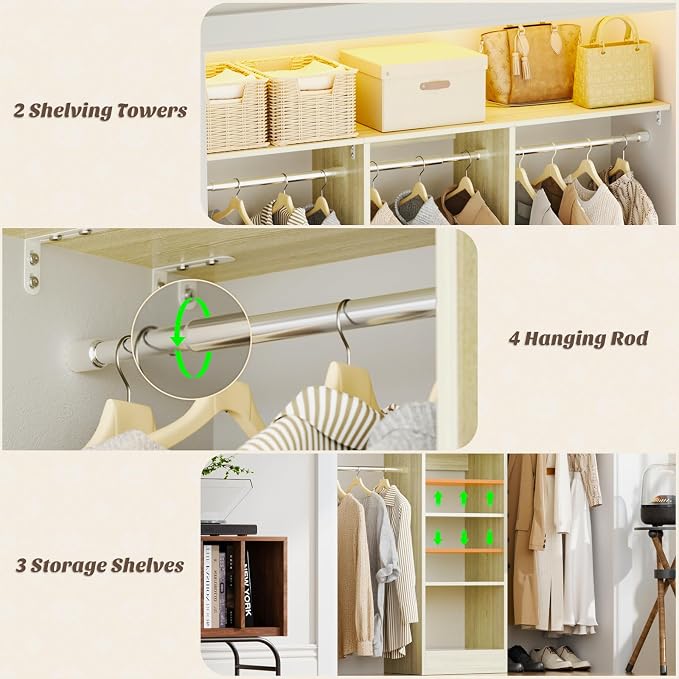 Besiost 48" Closet Organizer System, 4FT Closet System for Small Closets with 4 Hanging Rods & 3 Shelves, 80"H Small Closet Organizers and Storage for Bedrooms, Cloakrooms, White Oak