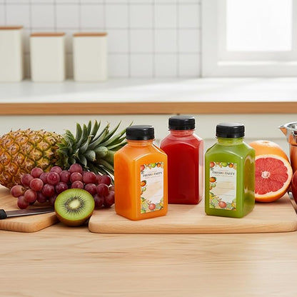 TOMNK 12pcs 10oz Plastic Juice Bottles with Caps Empty Reusable Clear Bottles with Label, Funnel and Brush Beverage Containers Bulk with Lids for Juicing, Smoothies, Fridge