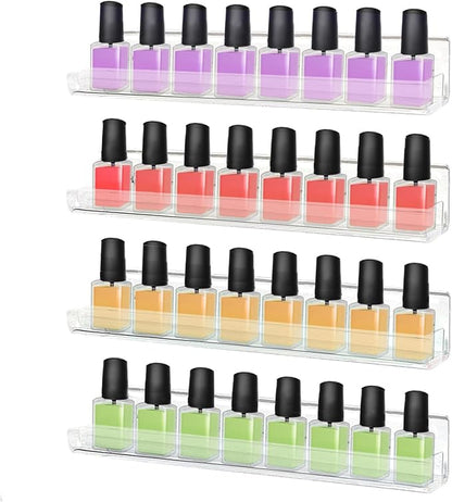 ROYALITA 4-Pack Acrylic Shelves - Nail Polish Organizer Wall Mounted Shelves, Nail Polish Rack with Removable Anti-Slip End Inserts, Nail Polish Holder for Bottles Nail Polish Display & Storage Shelf