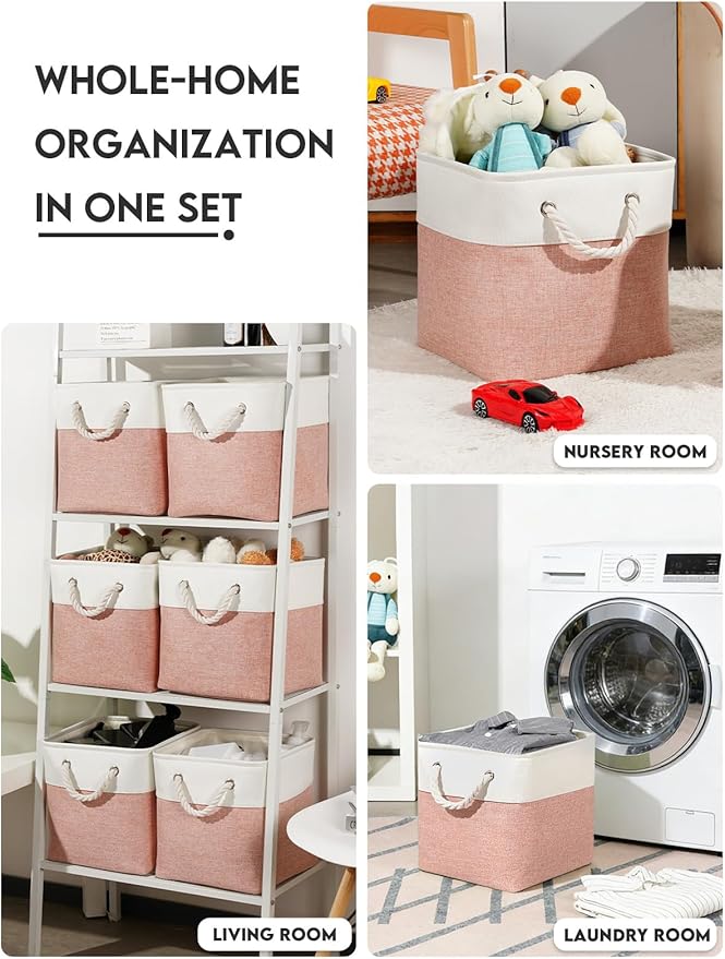 Temary 11 Inch Storage Cubes, Sturdy Fabric Bins with Metal Support & Soft Rope Handles, 6 Pack Foldable Nursery Organizer Baskets for Clothes, Home (White & Pink)