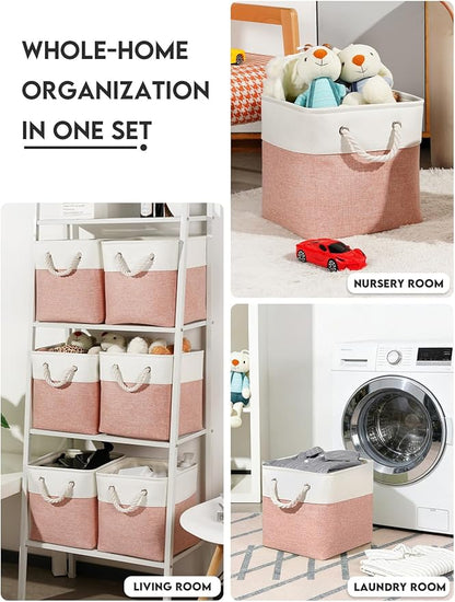 Temary 11 Inch Storage Cubes, Sturdy Fabric Bins with Metal Support & Soft Rope Handles, 6 Pack Foldable Nursery Organizer Baskets for Clothes, Home (White & Pink)