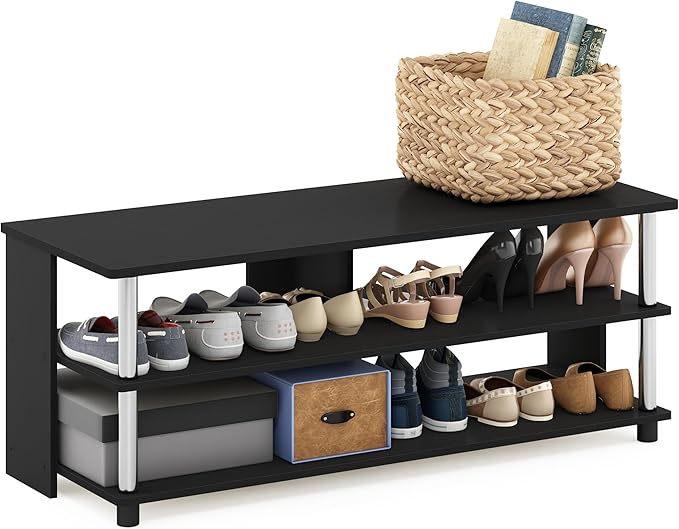 Furinno Turn-N-Tube Shoe Rack, 3-Tier Shoe Organizer, Compact Shoe Storage with Open Shelves and Stainless Steel Tubes, 15.5 x 41.1 x 15.8, for Closet Entryway, Office, Garage, Americano