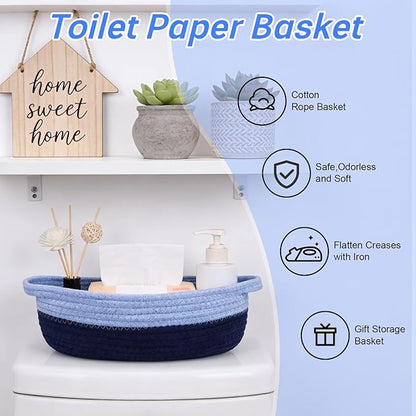 Toilet Paper Basket–Beautiful Blue Woven Bathroom Organizer Toilet Tank Storage Basket, Oval Shelves Rope Cotton Bin with Handles, Decorative Over Bathroom Decor Paper Holder, 13"D x 4.5"H IN