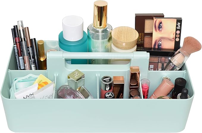 New Plastic Portable Makeup Organizer Caddy Tote Divided Basket Bin with Handle, for Bathroom Storage - Holds Blush Makeup Brushes, Eyeshadow Palette, Lipstick - Extra Large Made In USA (Mint)