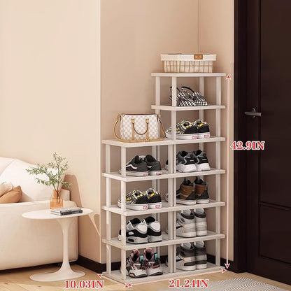 Bamboo Shoe Rack 12 Tier- Vertical Shoe Rack for Small Spaces, Tall Narrow Shoe Rack Organizer for Closet Entryway Corner Garage and Bedroom,Skinny Shoe Shelf with Free Stackable DIY White Storage