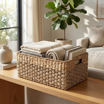 Medium Wicker Storage Baskets with Handles, Natural Seagrass and Hyacinth Woven Storage Basket for Organizing Shelves, Bedroom, Pantry, Rectangular, 15.5 x 9.5 x 6.5 Inches