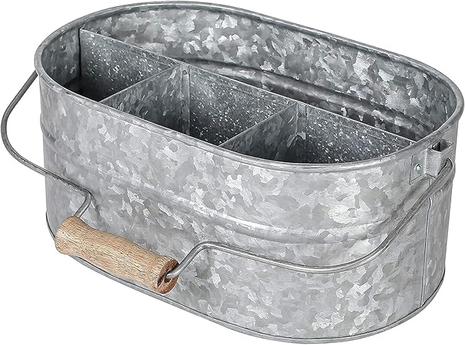 Light & Pro Multipurpose Galvanized Rustic Farmhouse Caddy - Metal 4 Compartment Storage Bin Caddy With Wooden Handle Perfect For Kitchen Utensils, Picnic, Garden Planter - Hammered - Antique Grey