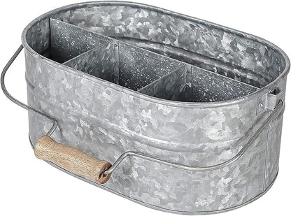 Light & Pro Multipurpose Galvanized Rustic Farmhouse Caddy - Metal 4 Compartment Storage Bin Caddy With Wooden Handle Perfect For Kitchen Utensils, Picnic, Garden Planter - Hammered - Antique Grey