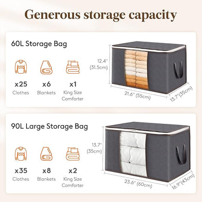 Lifewit 15 Pack 90L Clothes Storage Bins with Lids, Foldable Blanket Storage Bags with Zippers, Clear Window and Reinforced Handles, Closet and Organization for Clothing, Sweater, Comforter, Bedding