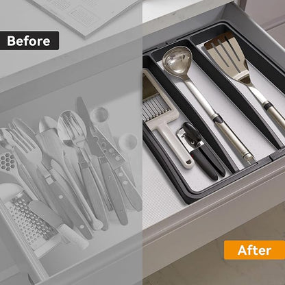 Silverware Drawer Organizer, Expandable Large Drawer Organizer, BPA Free Flatware and Cutlery Tray, Adjustable Storage with Anti-Slip Linner inside for Spoons Forks Knives with 2 Knife Guards, Grey