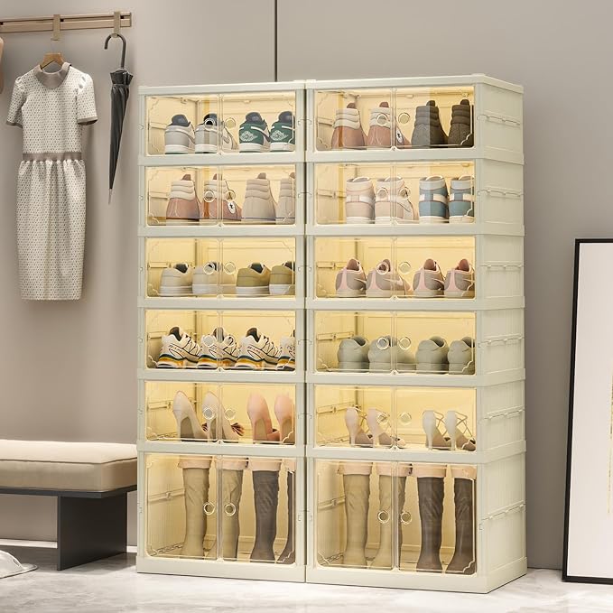 Dimmeda 6 Tiers Foldable Shoe Rack Organizer for Closet with Wheels, 24Pairs Plastic Collapsible Shoe Shelf for Front Door Entrance Stackable Clear Folding Shoes Storage Boxes Tall Shoe Cabinet