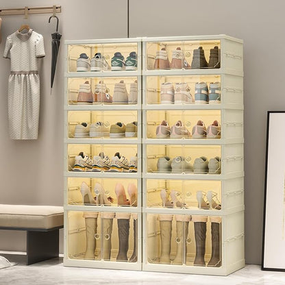 Dimmeda 6 Tiers Foldable Shoe Rack Organizer for Closet with Wheels, 24Pairs Plastic Collapsible Shoe Shelf for Front Door Entrance Stackable Clear Folding Shoes Storage Boxes Tall Shoe Cabinet