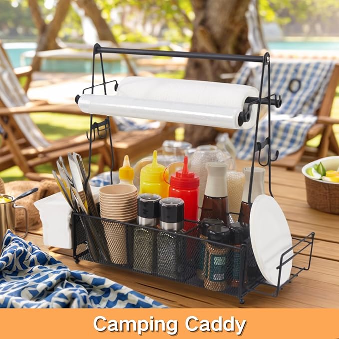Grill Caddy, BBQ Caddy with Paper Towel Holder and 2 Hooks, Grill Utensil Organizer for Camping Outdoor Barbecue Accessories Organizer, Grilling Gifts for Men