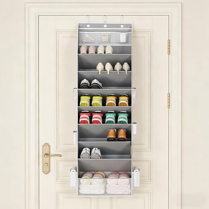 Over the Door Shoe Organizer, 8 Tier Hanging Shoe Rack with Large Pockets, Shoes Storage Rack Closet Shoes Holder for Sneakers Boots Heels Wall Dorm