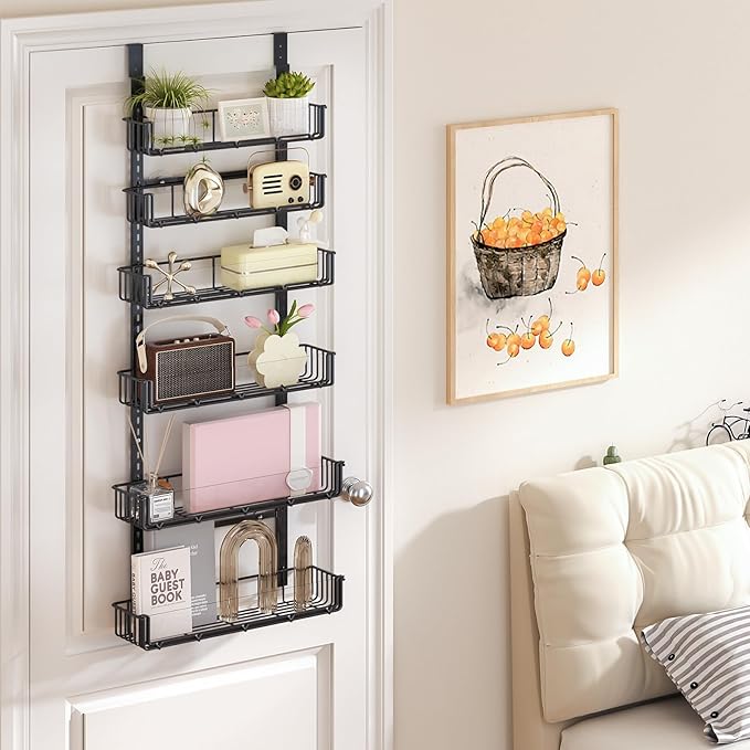 Delamu Adjustable Over the Door Pantry Organizer with Clear Acrylic Panel, 6-Tier Pantry Organization and Storage for Kitchen, Hanging Spice Rack Seasoning Shelves for Cabinet, Easy Install, Black