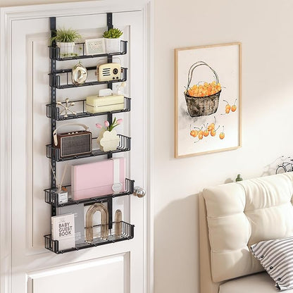 Delamu Adjustable Over the Door Pantry Organizer with Clear Acrylic Panel, 6-Tier Pantry Organization and Storage for Kitchen, Hanging Spice Rack Seasoning Shelves for Cabinet, Easy Install, Black