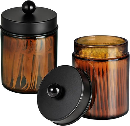 Amolliar Amber Glass Qtip Holder, Apothecary Jars with Matte Black Metal Lid & Stickers-Bathroom Qtip Dispenser Storage Organizer Set,Vanity Counter Canister for Cotton Swabs,Round Pads,Floss (2 Pack)