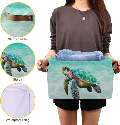 Sea Turtle Beach Large Storage Basket Cube Storage Bin Canvas Fabric Organizer Handles Collapsible Decorative for Clothes Toys Bedroom