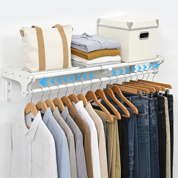 Closet Shelf with Hanging Rod, 52-95'' Expandable Wall Mounted & Side Wall Mounted Steel Clothes Rack with Top Shelf, Holds 220 lb Heavy Duty Closet Rod DIY Divider Separtor for Cabinet Wardrobe