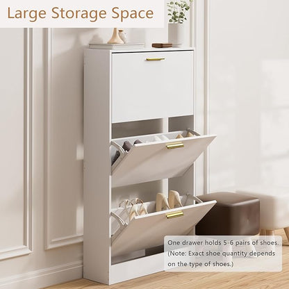 LYNSOM Shoe Cabinet, Free Standing Tipping Bucket Shoe Rack Organizer with 3 Flip Drawers, Modern Entryway Shoe Storage with Top Display, Narrow Slim Hidden Shoe Cabinet (White)