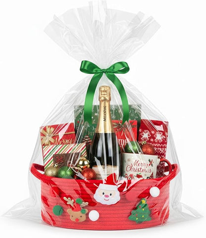 ShellKingdom Storage Basket with Handles, Empty Gift Basket with Gift Bags and Ribbon for Christmas, Small Woven Baskets for Home, Nursery Storage Organizer, 12 X 8 X 5 INCH, Christmas Red